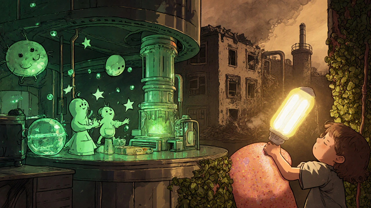 En grønn, fremtidig laboratorium med små reaktorer og glimrende mikrober som produserer medisin uten avfall.