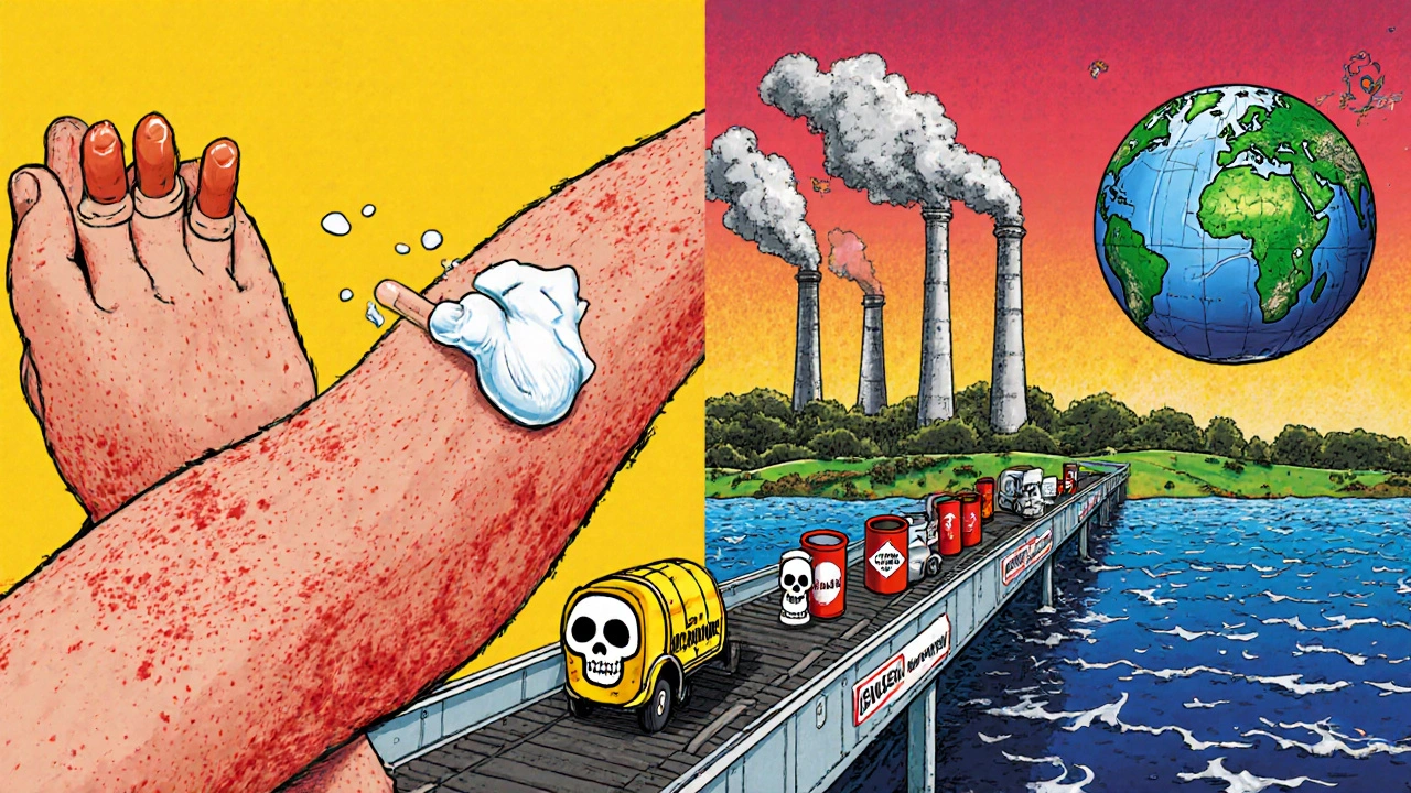 En pasient bruker krem på huden mens tomme tuber blir sendt over havet til utlendinger som brenner avfallet.