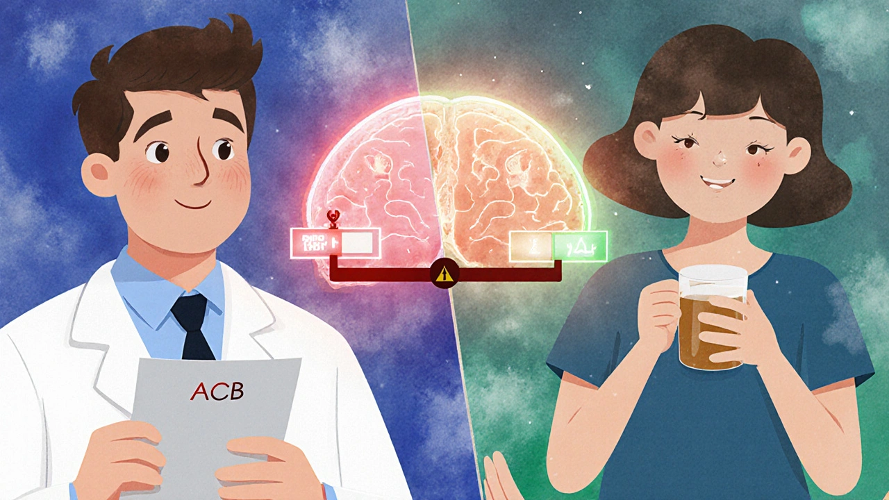 Delt scenen med legemiddelvarsel og sunn livsstil på hver side.