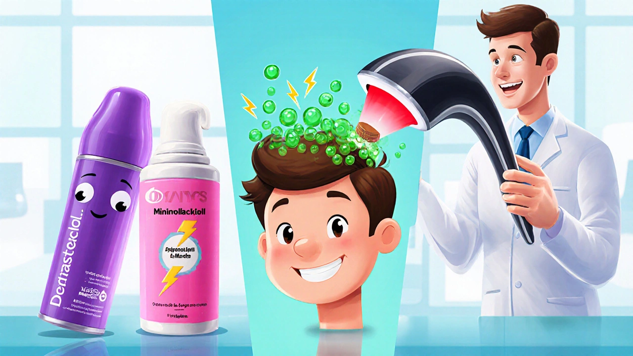 Delte tegninger av Dutasterid, Minoxidil, Spironolakton, laserhode og hårtransplantasjon.