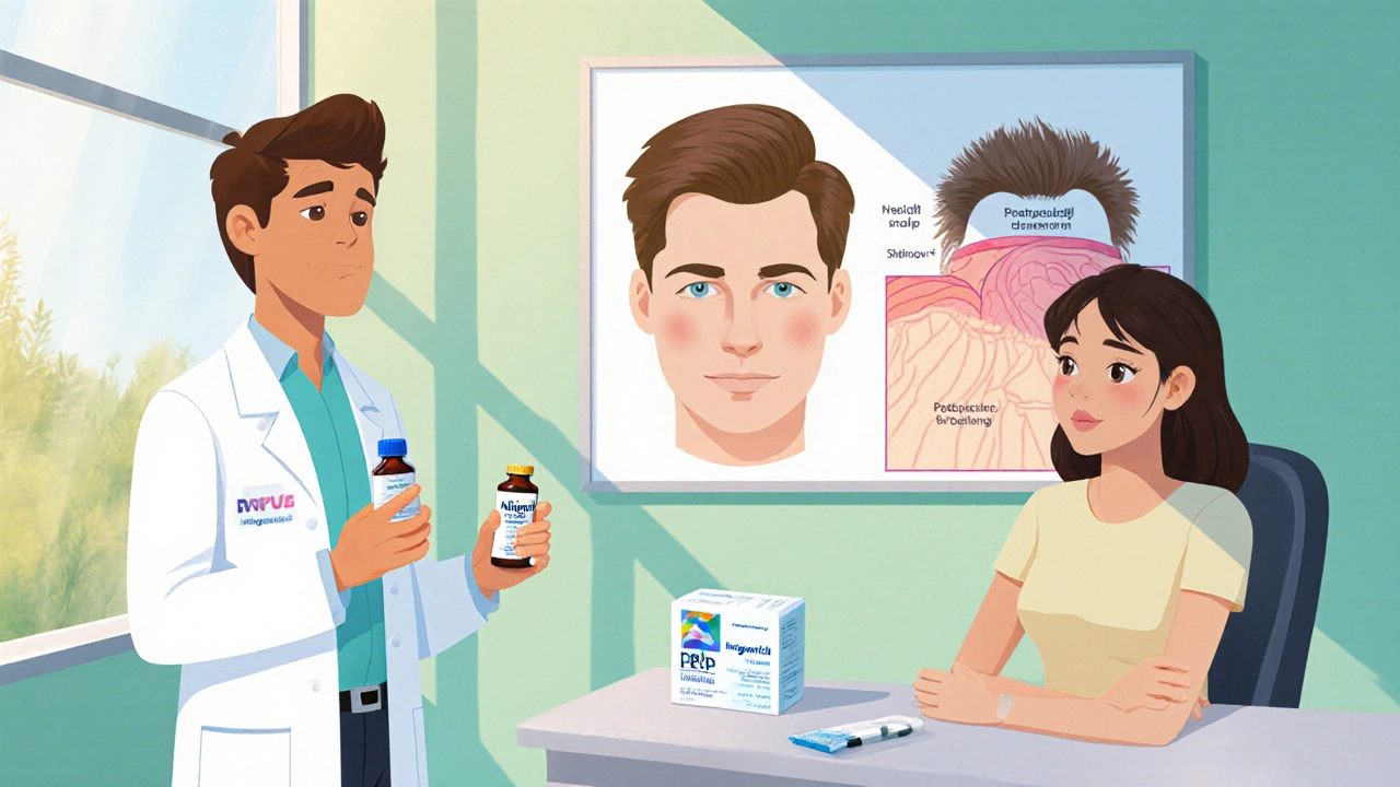 Dermatolog viser behandlinger som minoxidil og PRP.