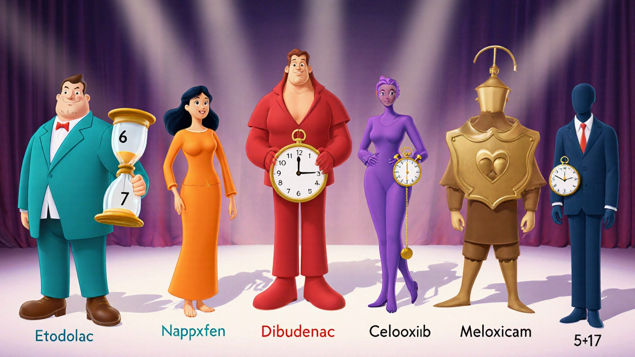 Disney‑karakterer som representerer ulike NSAID‑medikamenter med tidsur‑symboler.