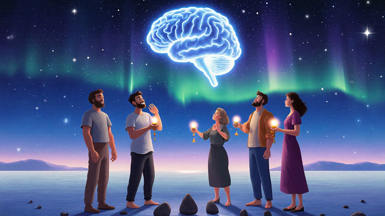 En gruppe mennesker står i en sirkel med balansestein, under en hjernetåke av ro.