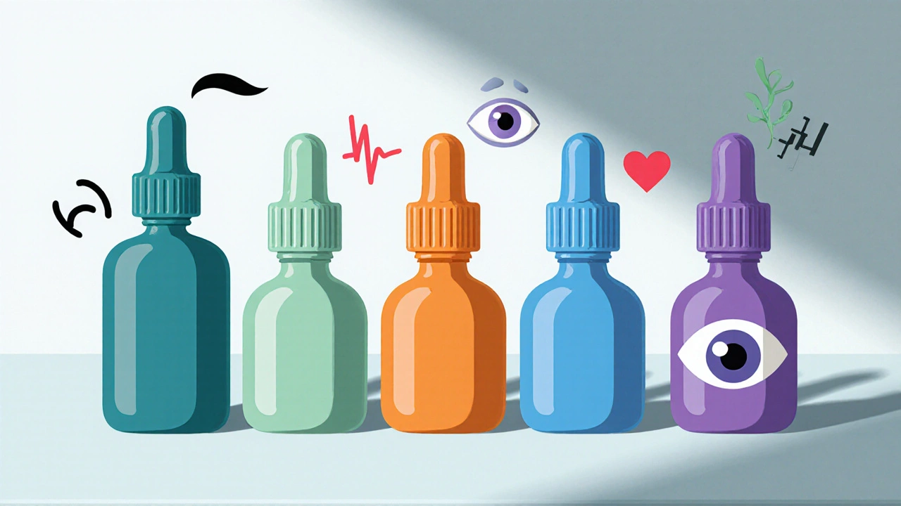 Fem fargerike øyedråpeflasker i rekke med små ikoner som viser bivirkninger.