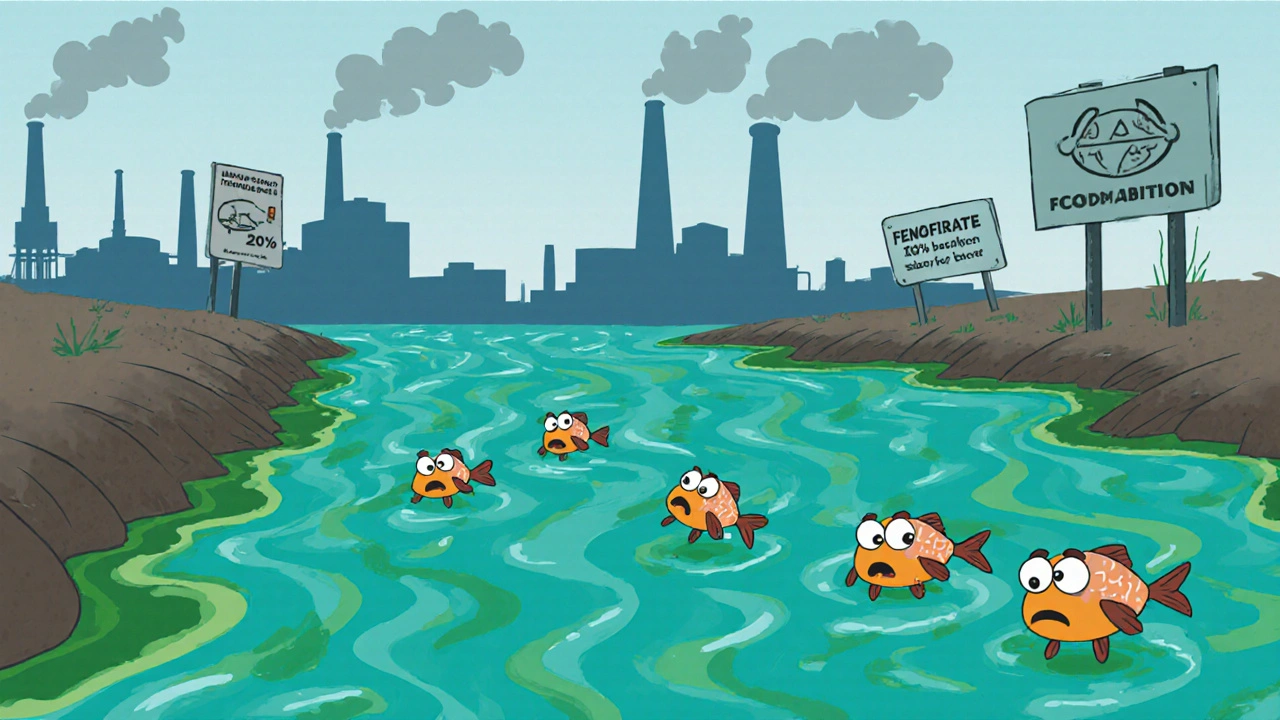 Forurenset elv med kjemisk avfall og stressede fisk som svømmer gjennom.
