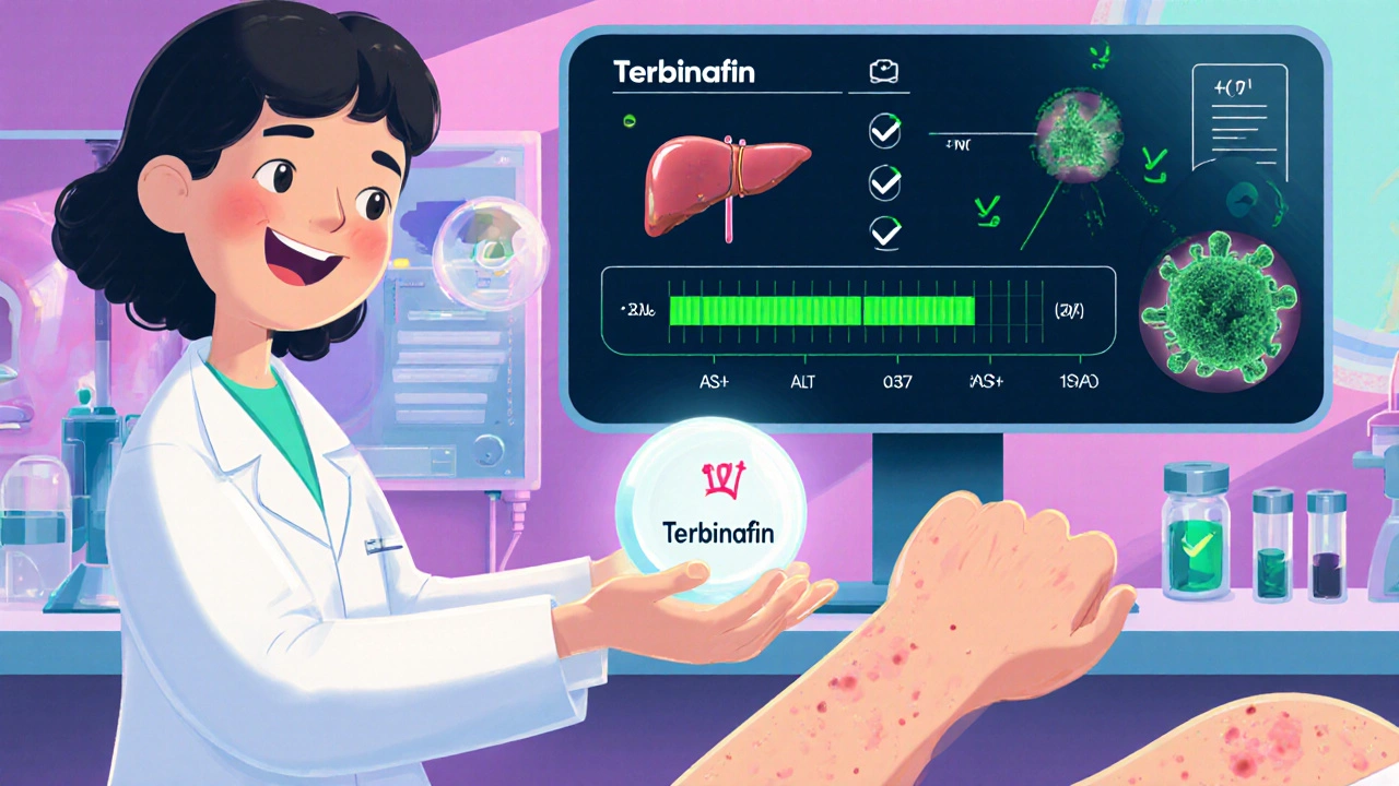 Futuristisk forsker holder glødende liposompartikkel ved frisk hud, med stabil levermonitor i bakgrunnen.
