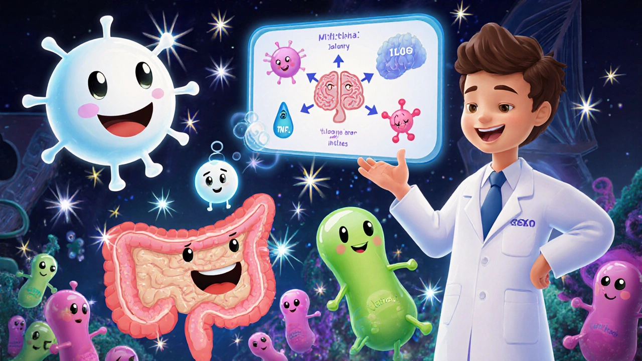 Glad laboratorie‑scene med immunceller, bakterier, cytokiner, mitochondrie og hormoner som viser felles mekanismer.