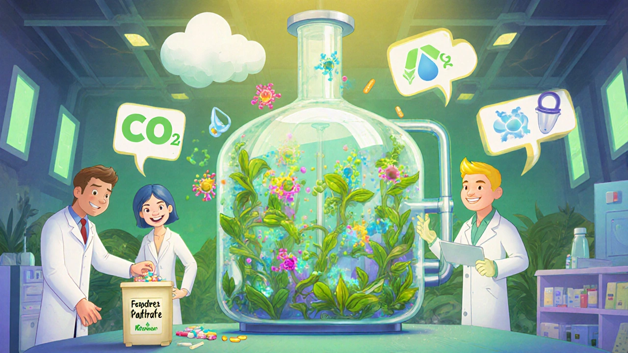Laboratorium med enzymer, grønnere produksjon og en forbruker som leverer medisinsk avfall til apoteket.