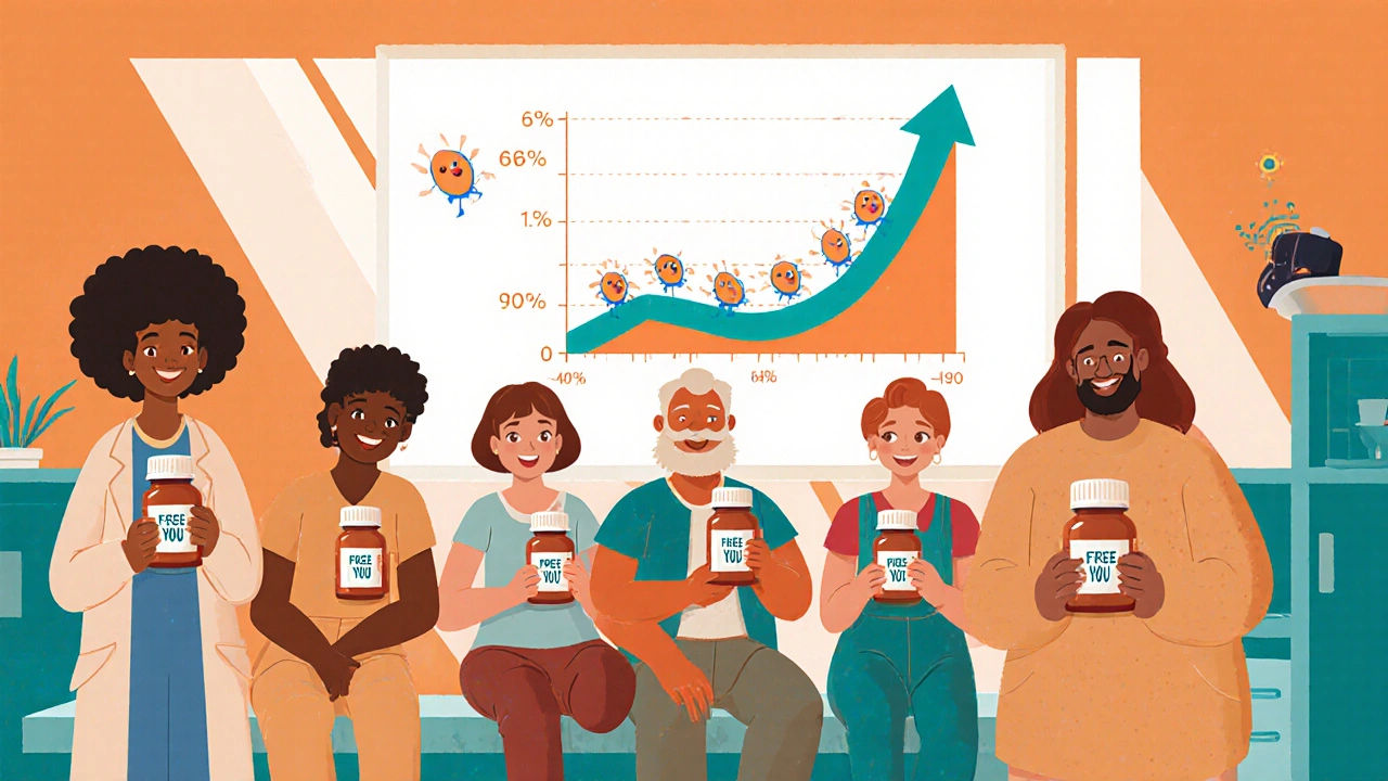 Pasienter i en norsk klinikk som holder piller som er gratis, bak en graf som viser økt helbredelsesrate.