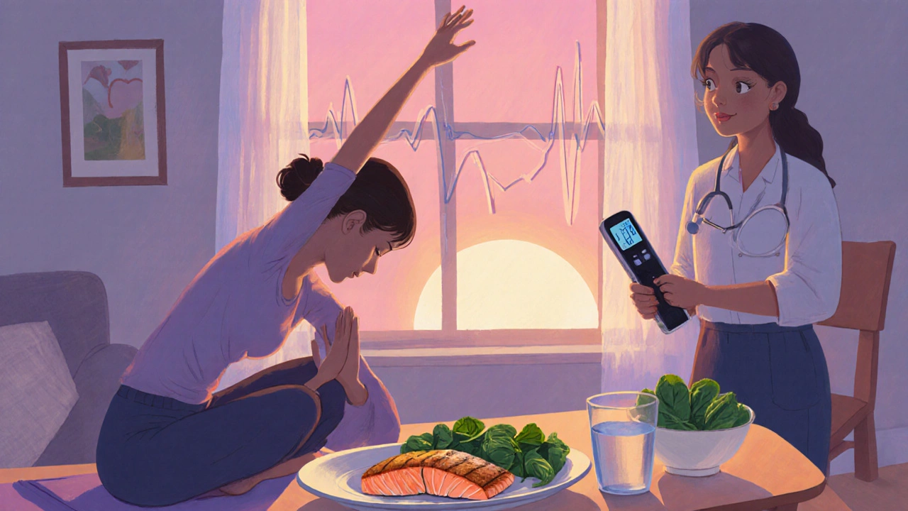 Pastellillustrasjon av yoga, sunn mat og øyeundersøkelse i et rolig rom.