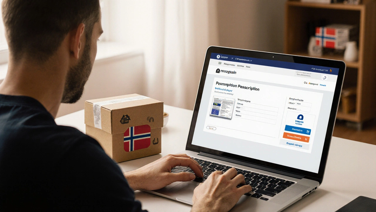 Person legger opp resept på nettapotek, betaler og ser leveringsesken på skjermen.