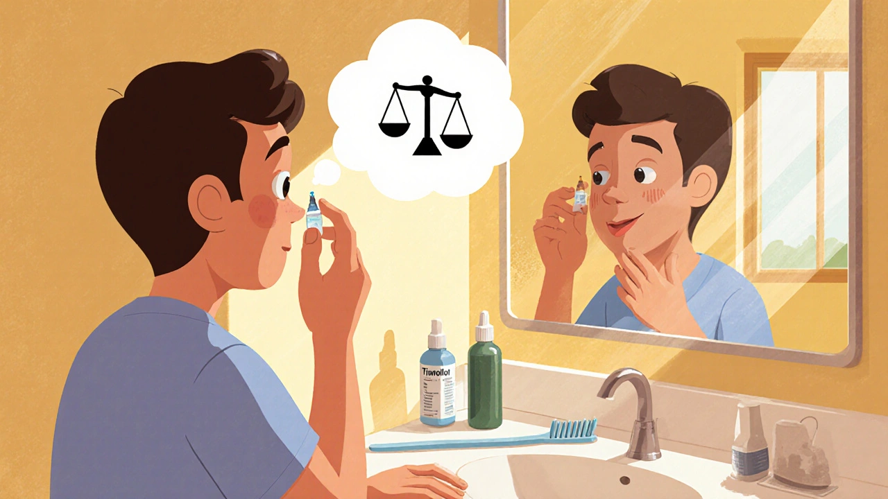 Person på badet påfører Bimatoprost‑dråpe i øyet foran speil i morgensolen.