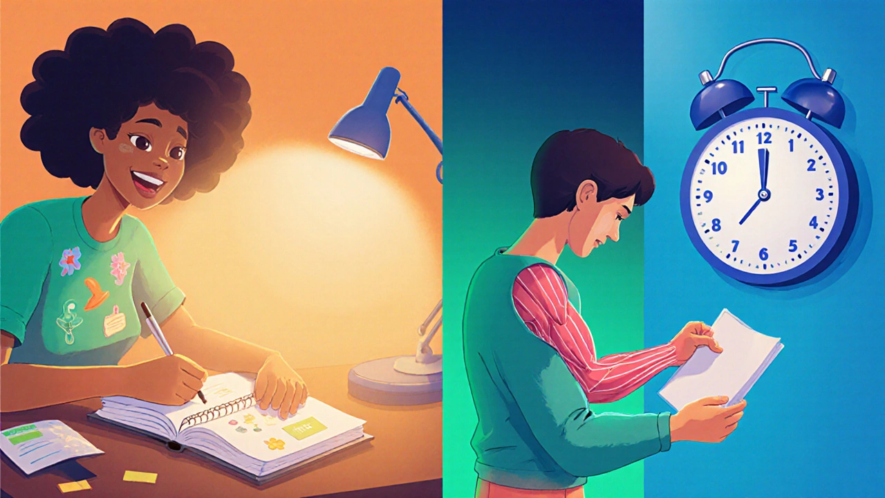 Person skriver i en dagbok, ser på en klokke og gjør bekkenbunnsøvelser i et fargerikt rom.