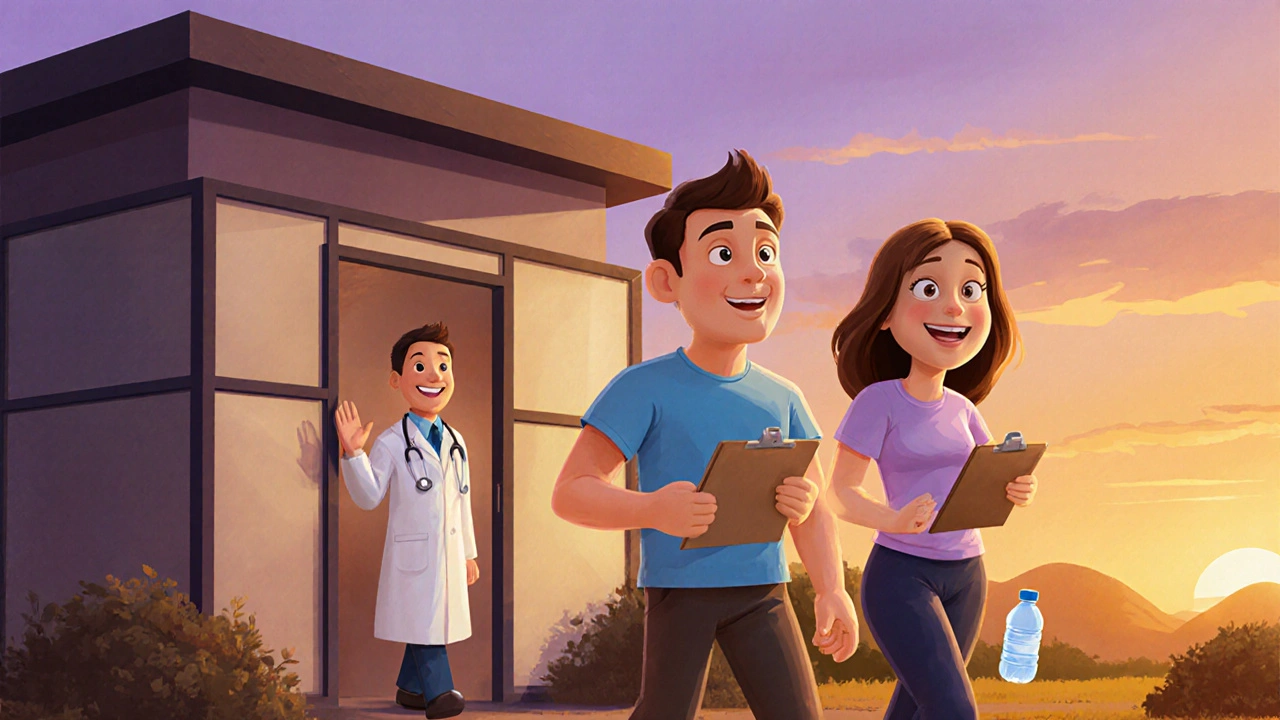 Person trener med fysioterapeut og ser en lege, mens solnedgangen gir en rolig bakgrunn.