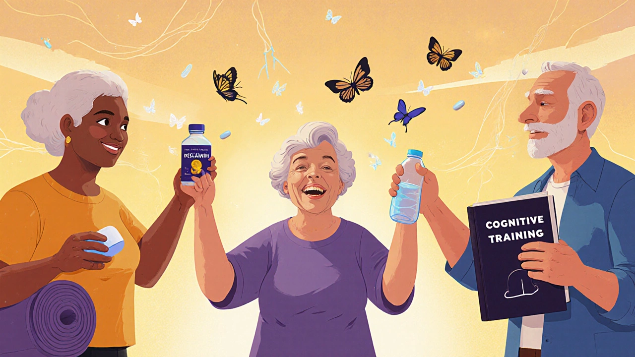 Personer over 60 holder hånd i sirkel med trygge alternativer og forsvinnende piller.