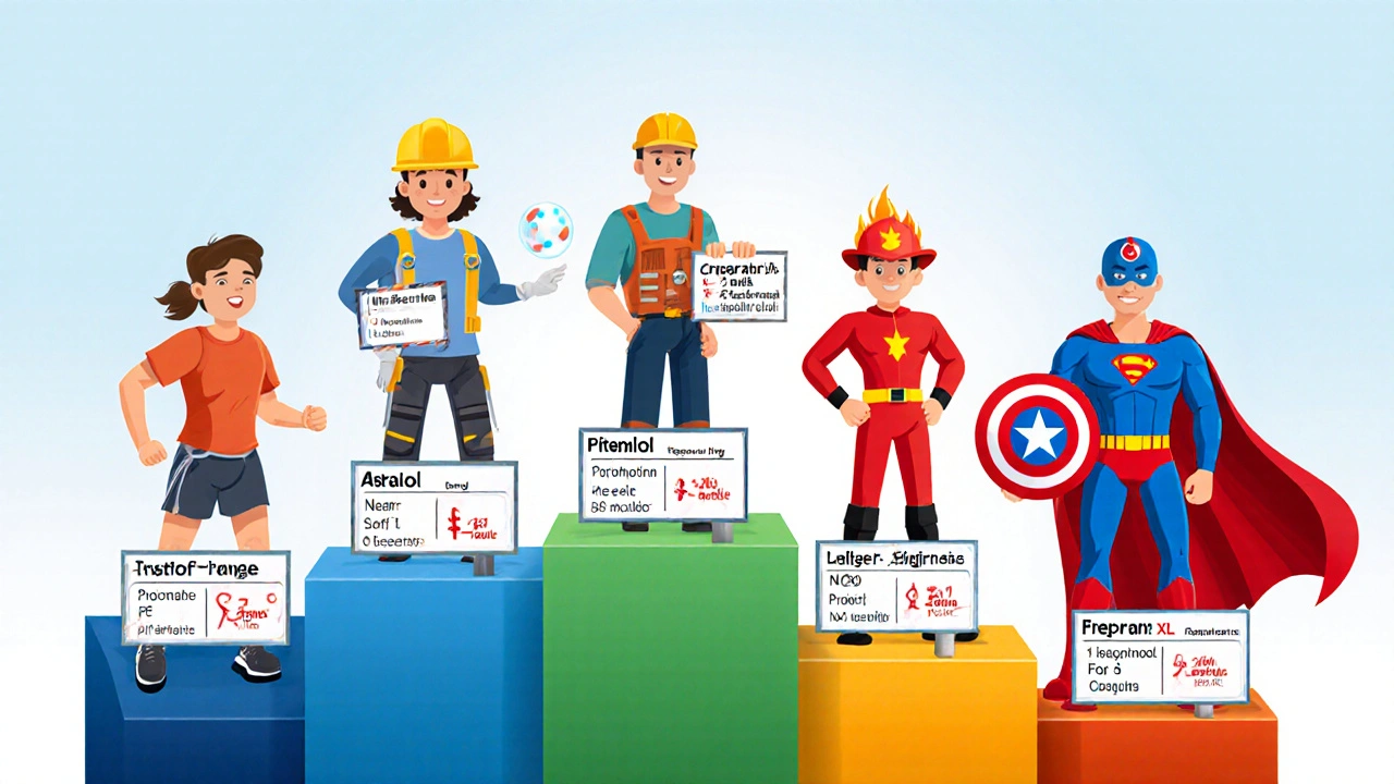 Seks figurte beta‑blokkere sammenlignes med fargerike ikoner og doseringsinfo.
