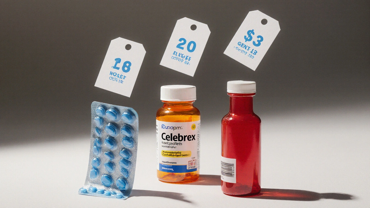 Tre medikamentflasker ved siden av hverandre viser generisk celecoxib, Celebrex og ibuprofen.