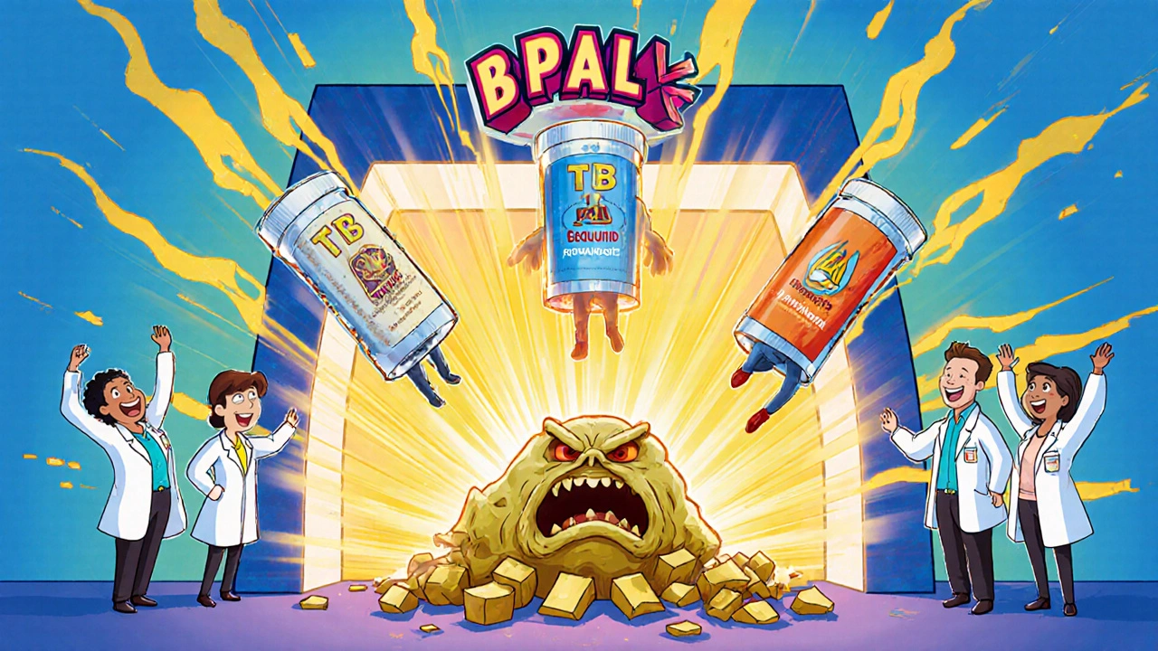 Tre moderne TB-medikamenter som superhelter som krysser en portal og knuser et gammelt, surt legemiddel.