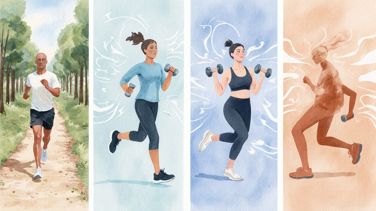 Vannmaleri med fire paneler som viser løping, vektløfting, yoga og HIIT.
