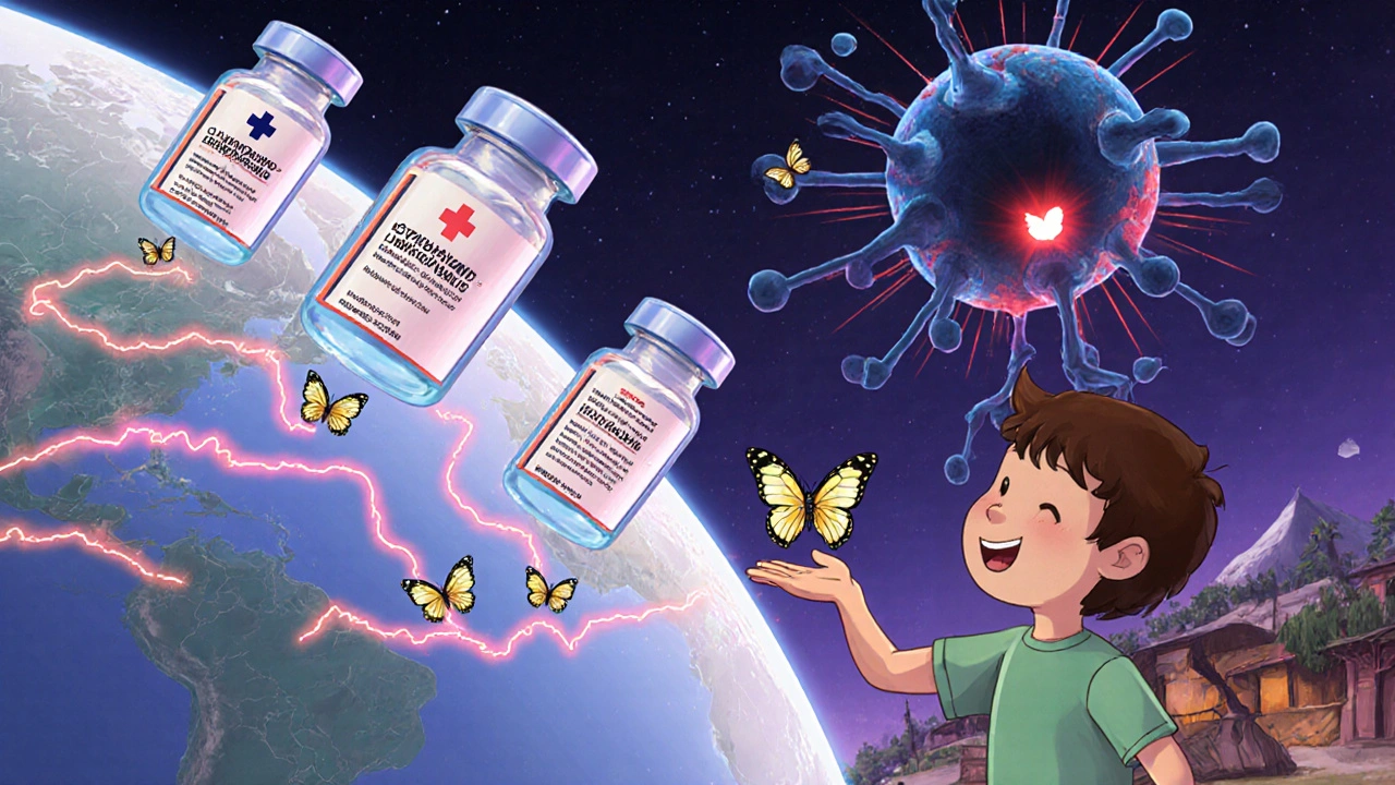 Cyclophosphamid-vialer reiser verden rundt og forvandles til sommerfugler som symboliserer helse.