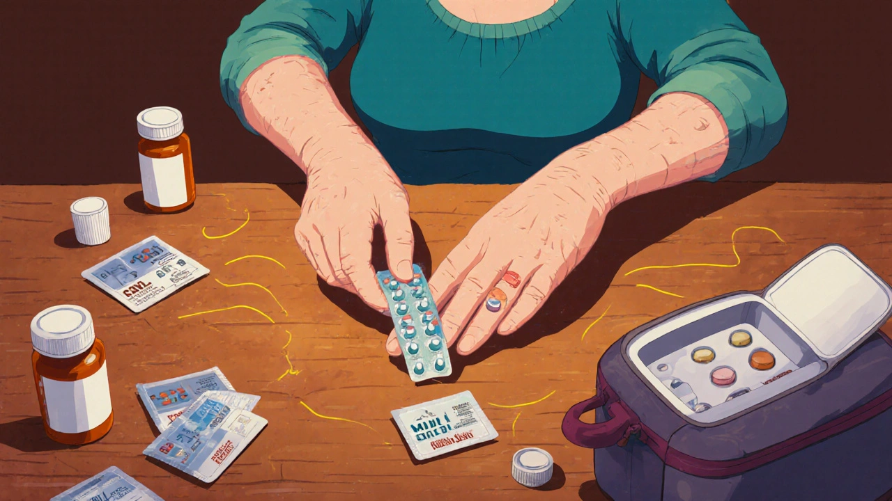 Eldre kvinne trykker på en blærepakke og ser hvordan en pil kommer ut i hånden.