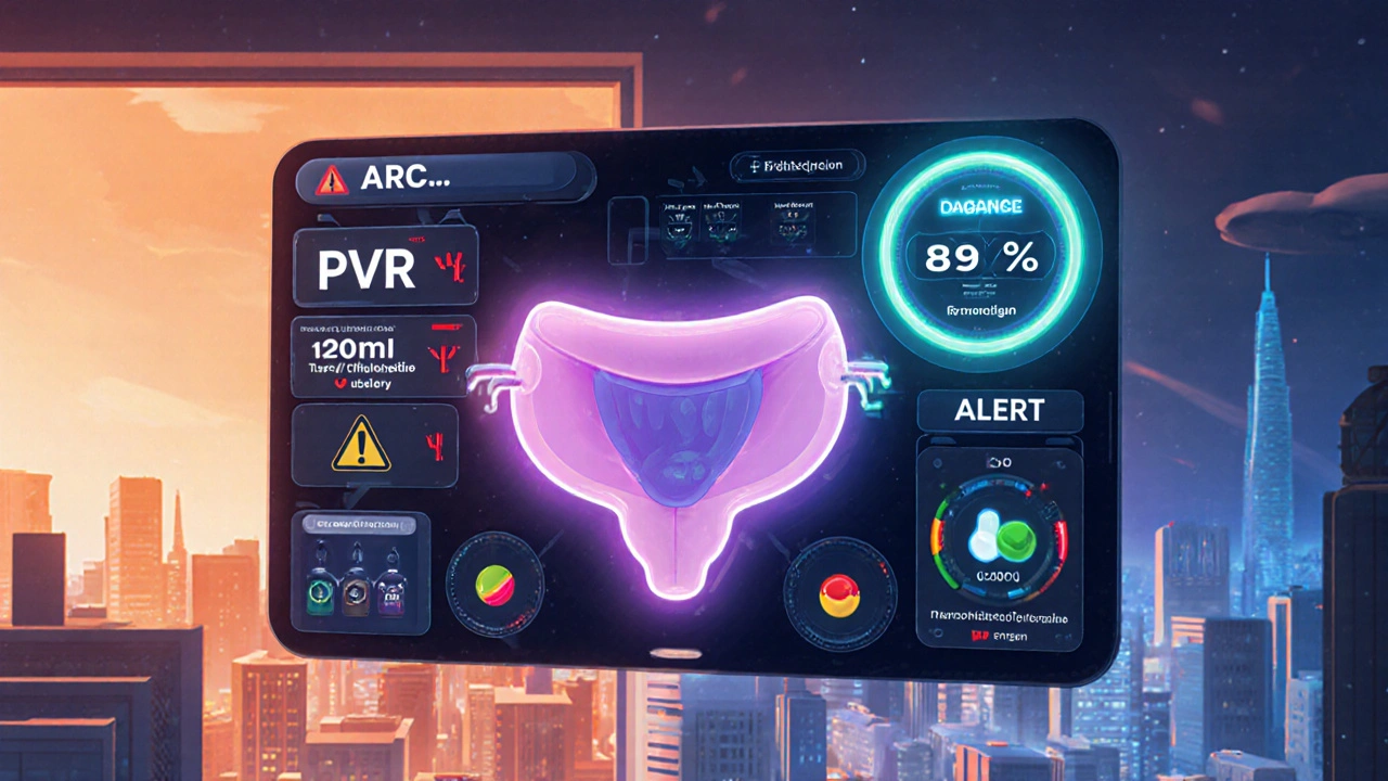 En digital blæredashboard viser PVR-verdier som stiger til fare, mens trygge behandlinger lyser opp i grønt.
