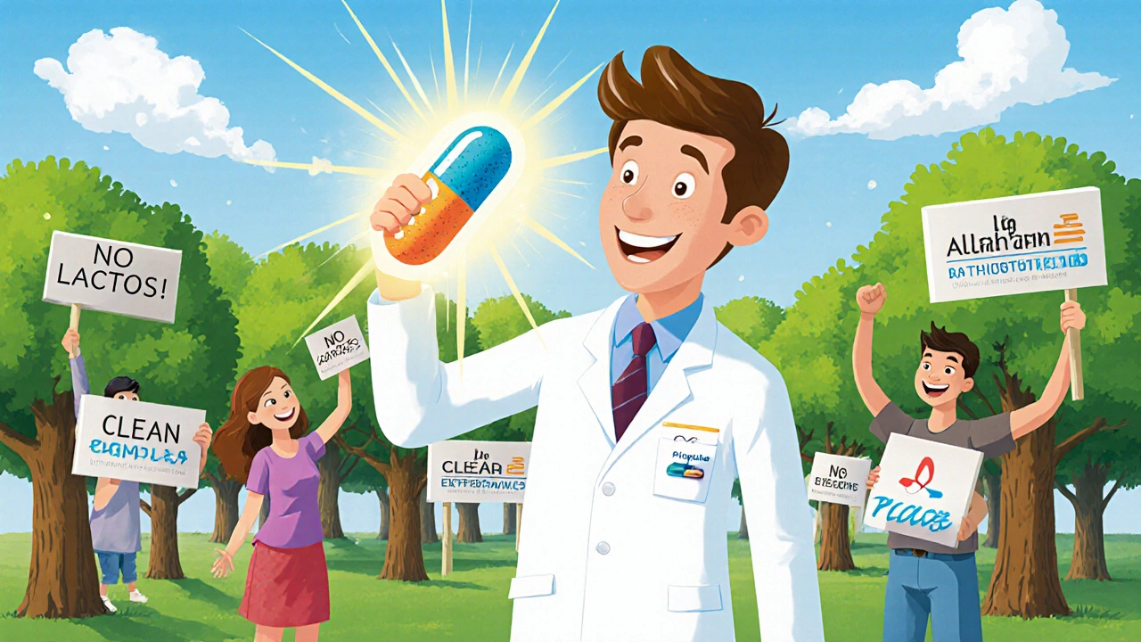 En farmasøyt viser en ren generisk medisin med et grønt, enkelt design og tilfredse pasienter.