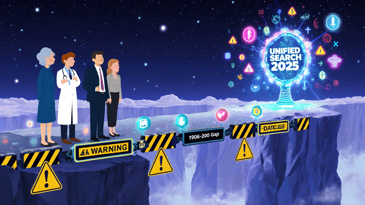 En gruppe mennesker går over en bro av sikkerhetsvarsler mot en fremtidig søkemotor.