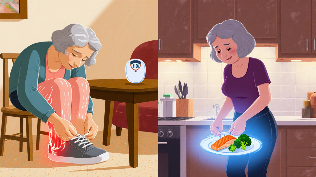 En kvinne før og etter vekttap: ene står og kjemper med å binde sko, den andre gjør det lett med sunn mat.