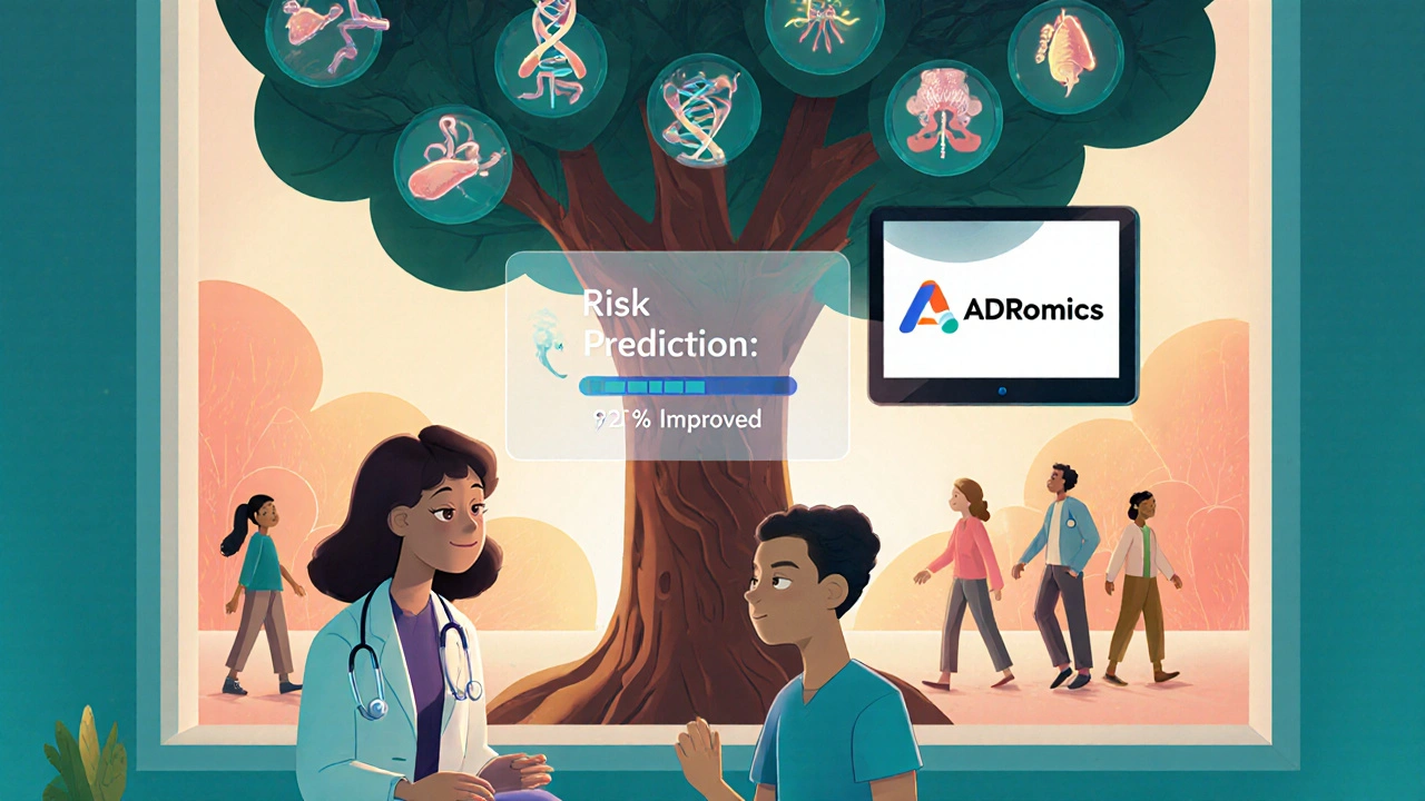 En lege og pasient ser på en holografisk skjerm som viser forbedret risikovurdering under et DNA-tre.