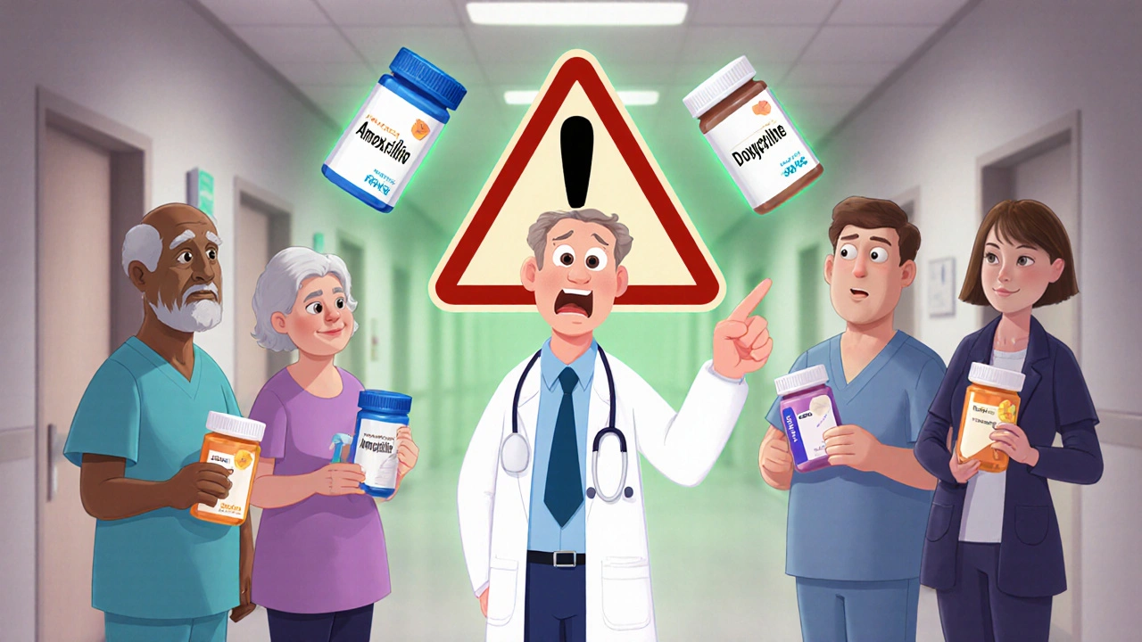 En lege viser på en advarsel om senebrudd mens tre utsatte pasienter holder ulike medikamenter.