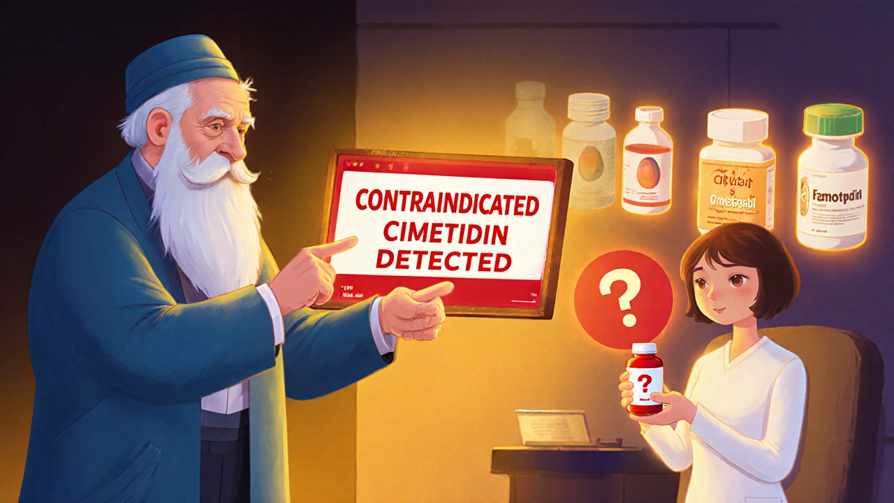 En lege viser på en digital advarsel mot cimetidin, mens trygge alternativer lyser opp i bakgrunnen.