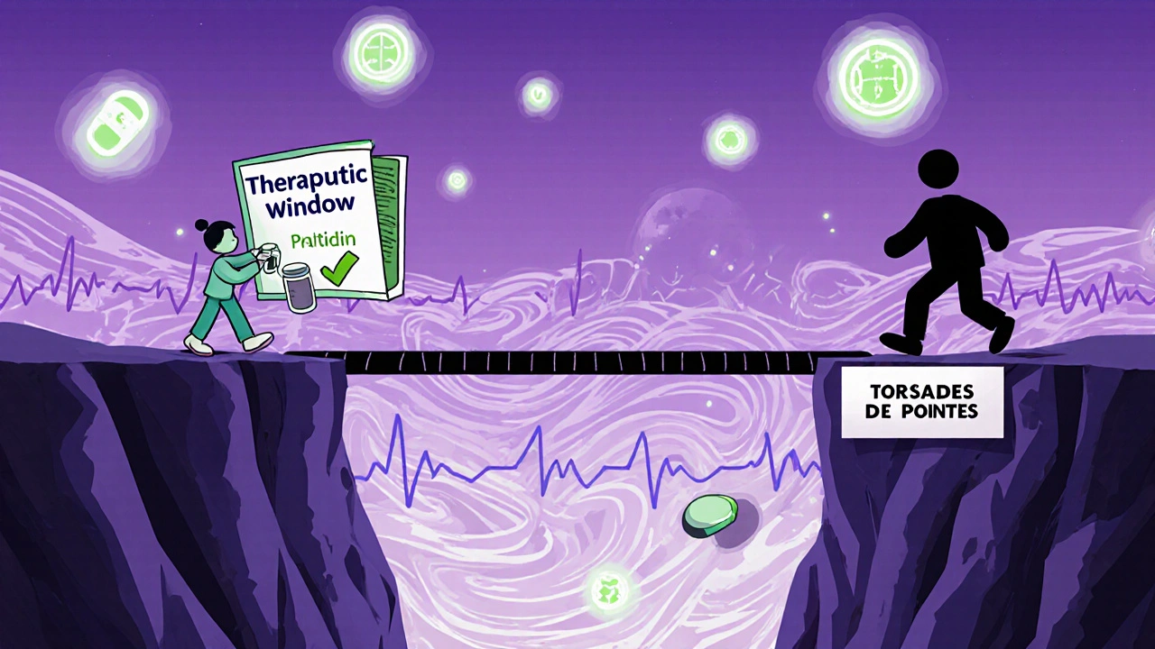 En pasient går trygt over en smal bro med sikre medisiner, mens en annen nærmer seg en klippe av livsfarlige arrytmier.