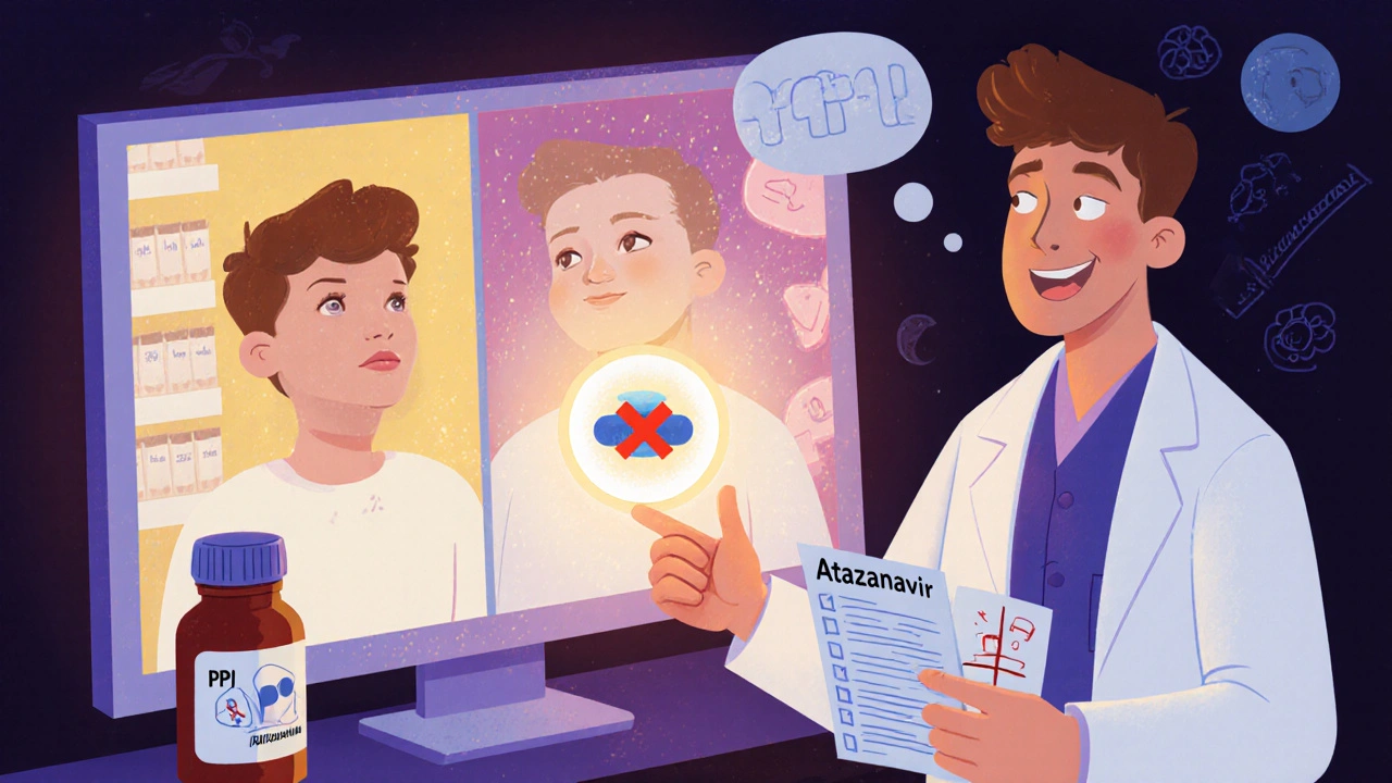 En pasient og farmasøyt ser på en liste med legemidler, med en rød X over et HIV-legemiddel ved en PPI-flaske.