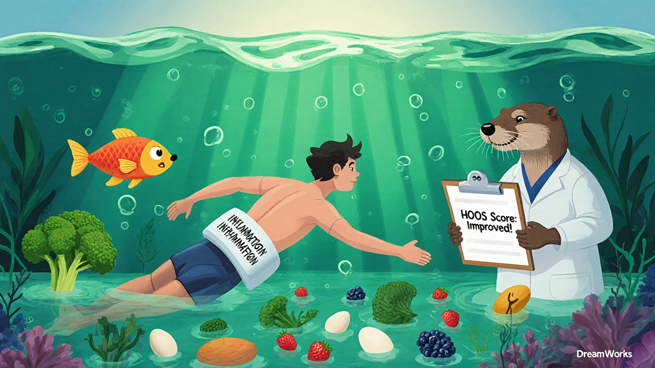 En person svømmer i et basseng med matvarer, mens inflamasjon forsvinner i form av fisk som flykter.