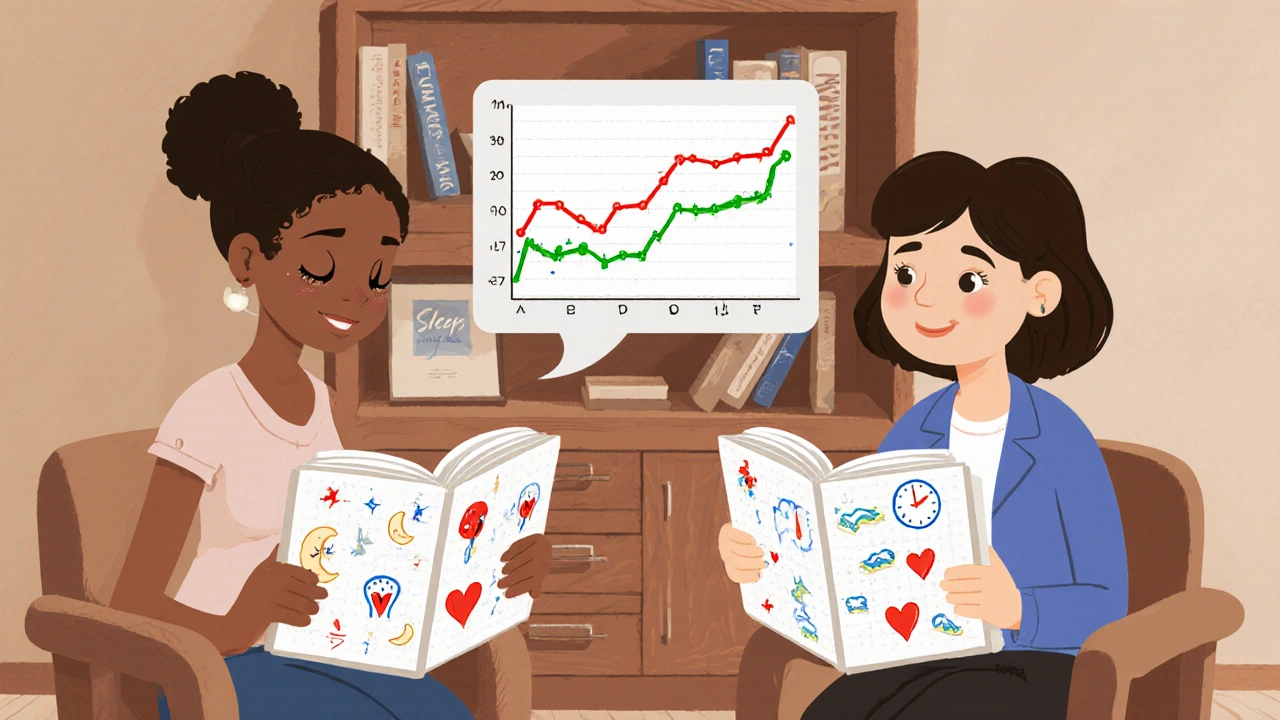 En terapeut og pasient ser sammen på en søvndagbok med visuelle data.