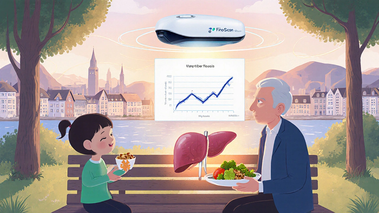 Et barn og en eldre deler mat, mens deres levere vises som sunnere, med en FibroScan i bakgrunnen.