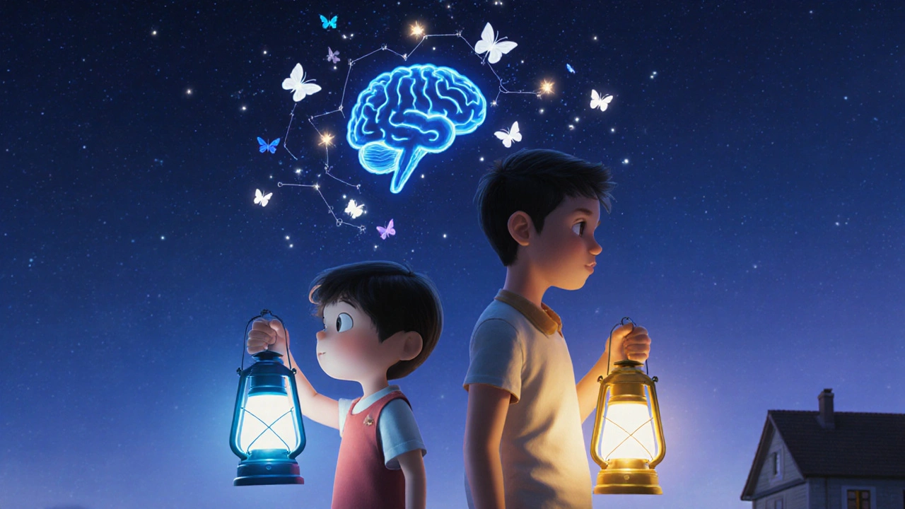 Et barn og en voksen holder lys i natten mens drømmer forsvinner til sommerfugler.