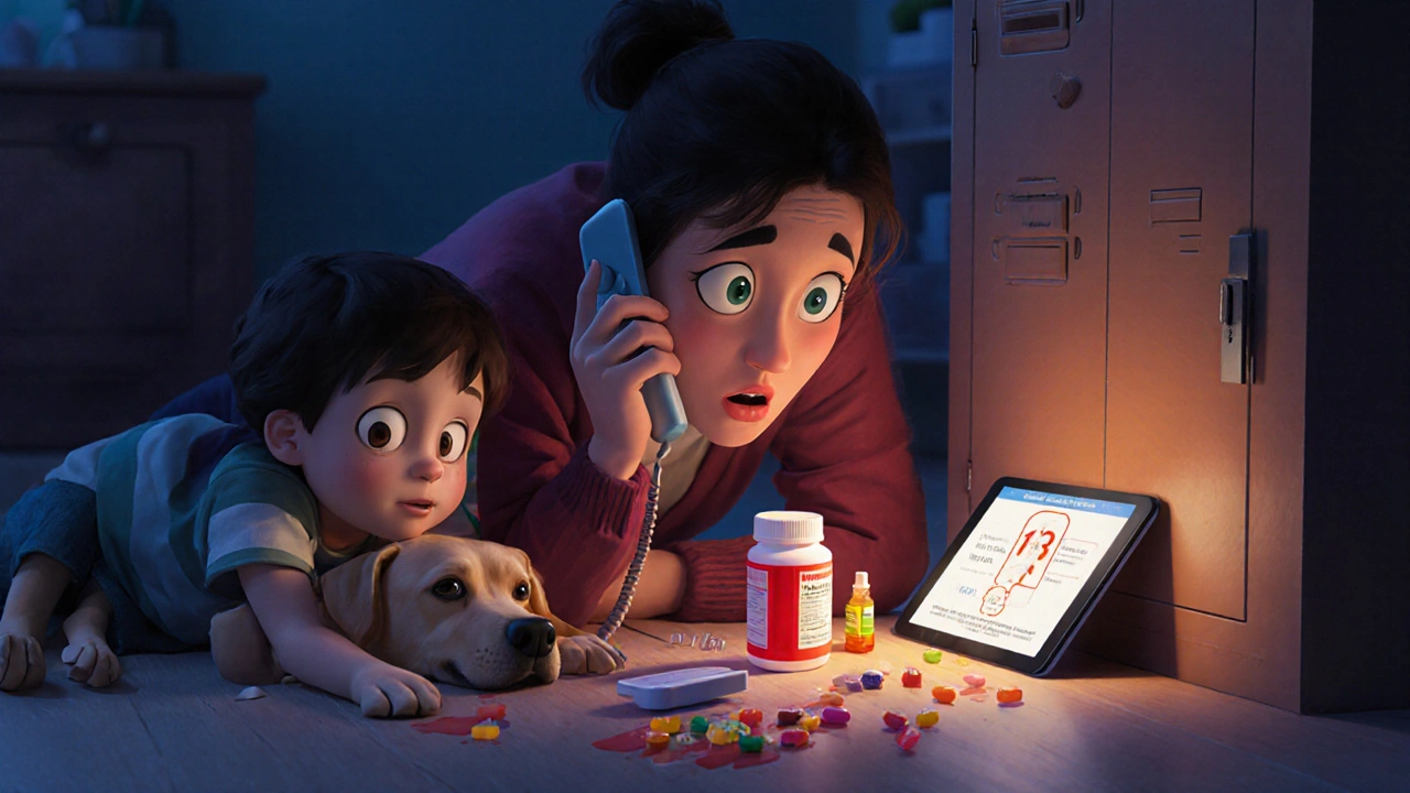 Familie i nødsituasjon med barn og hund som har spist medisiner, forelder ringer 113.