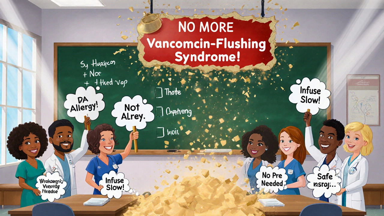 Helsepersonell holder plakater som sier &#039;Nei til Red Man Syndrome&#039;, mens et gammelt, skadelig navn brytes ned og erstattes med et nøyaktig og respektfullt navn.