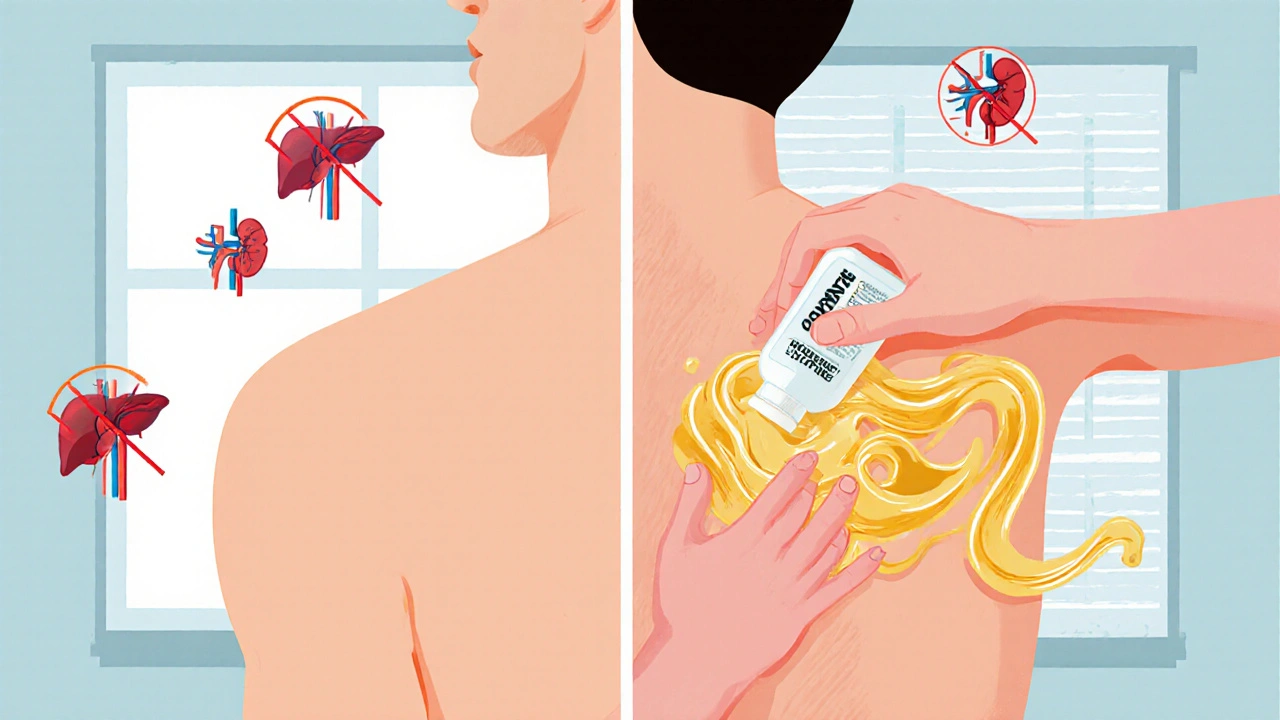 Mann masserer NSAID-gel i skulderen mens viktige organer er beskyttet fra bivirkninger.