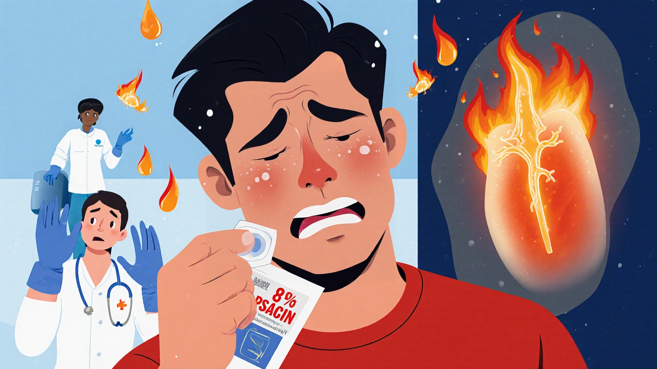 Mann reagerer på capsaicin-pletten med brennende effekt mens nerver slutter å sende smerte.