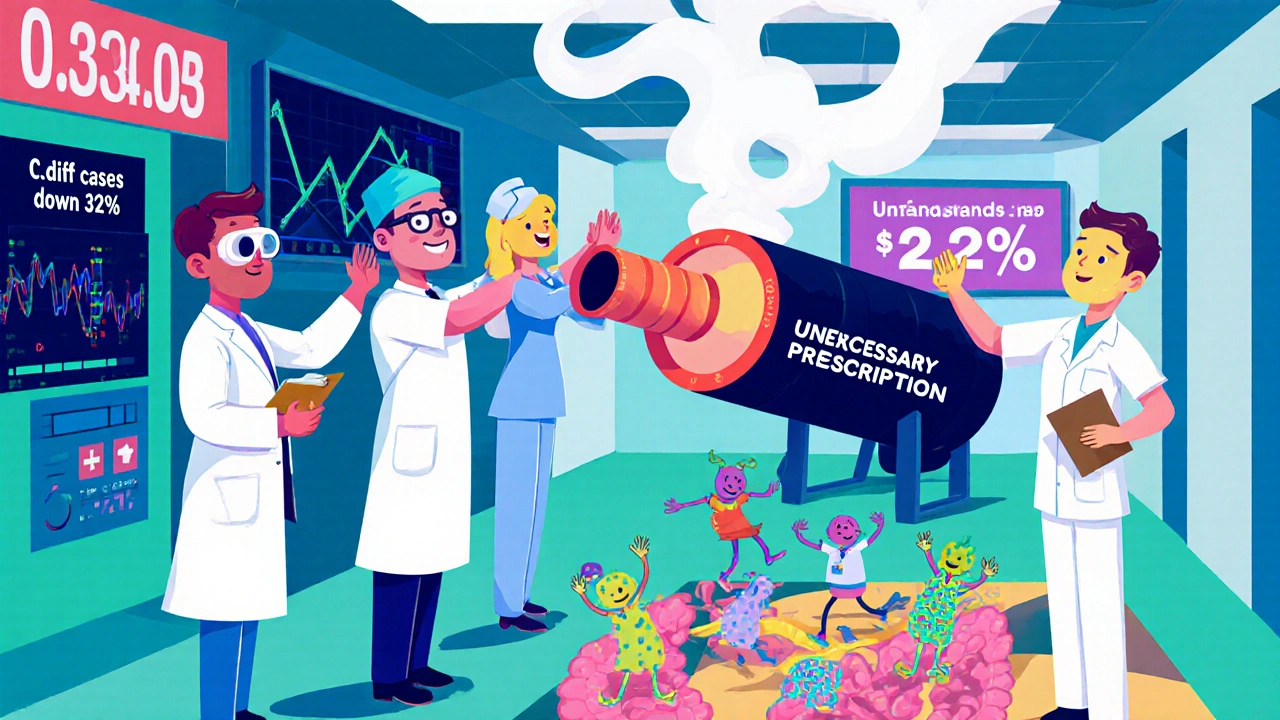 Medisinsk team slår ned en antibiotikakanon mens C. diff-innslag synker på skjermer.