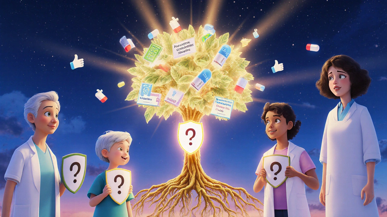 Pasienter holder skjold mot antibiotika mens en helende tre vokser med kliniske løsninger som røtter.