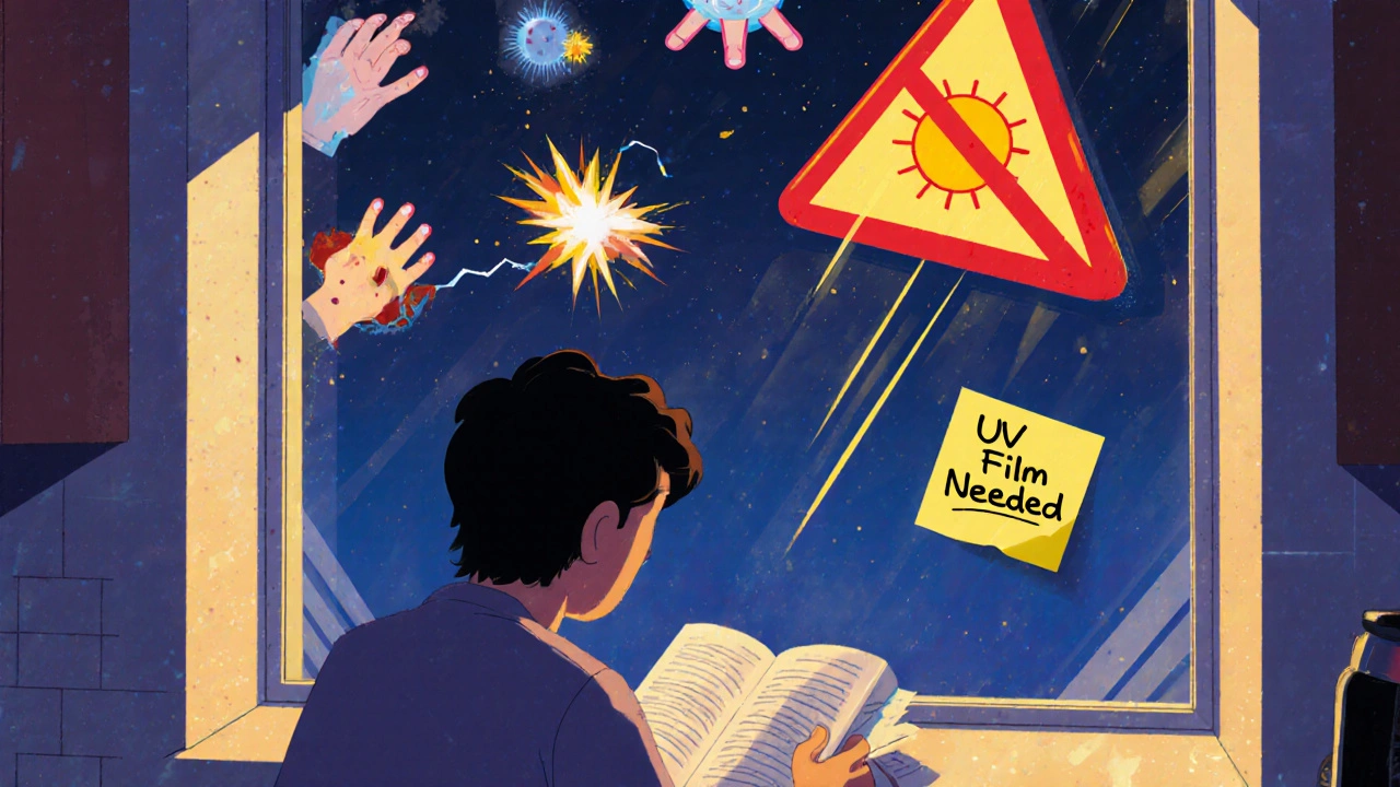 Person ved vindu som utsatt for UV-stråler gjennom glass, med tegn på hudskade i luften rundt dem.