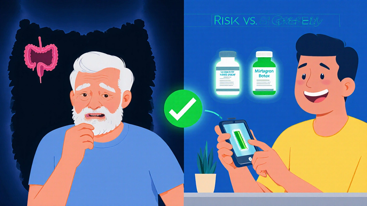 Samme mann på to sider: en side med farlige legemidler, den andre med trygge alternativer og en hjemmeblærescanner.