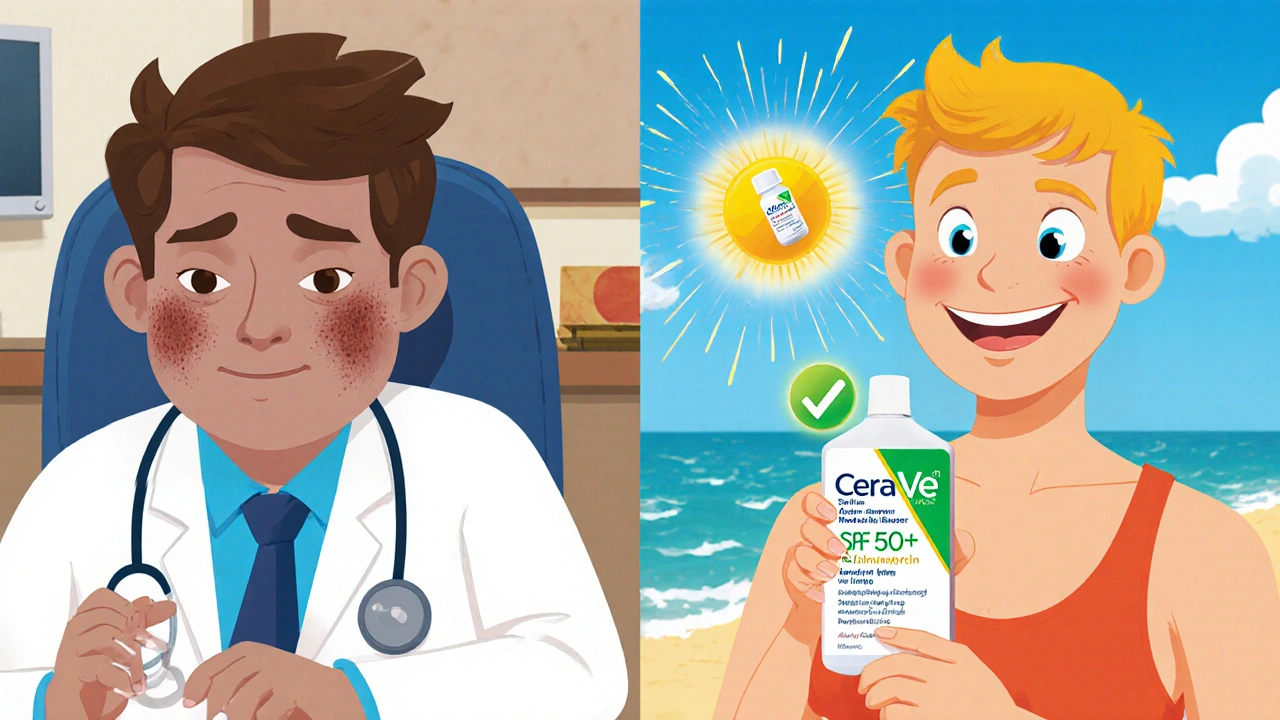 Samme person før og etter solskade: venstre side med blærer og mørke flekker, høyre side trygg og beskyttet.