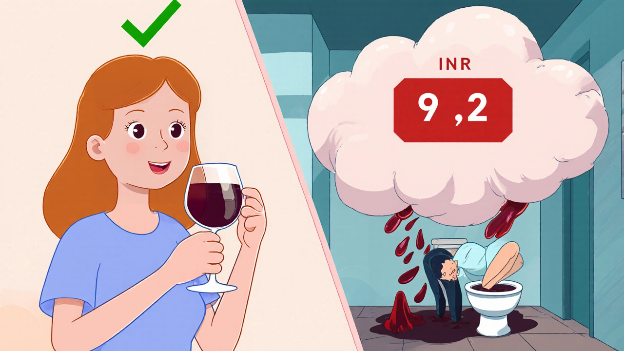 Sammenligning av trygg og farlig alkoholbruk med INR-verdier 2,4 og 9,2.
