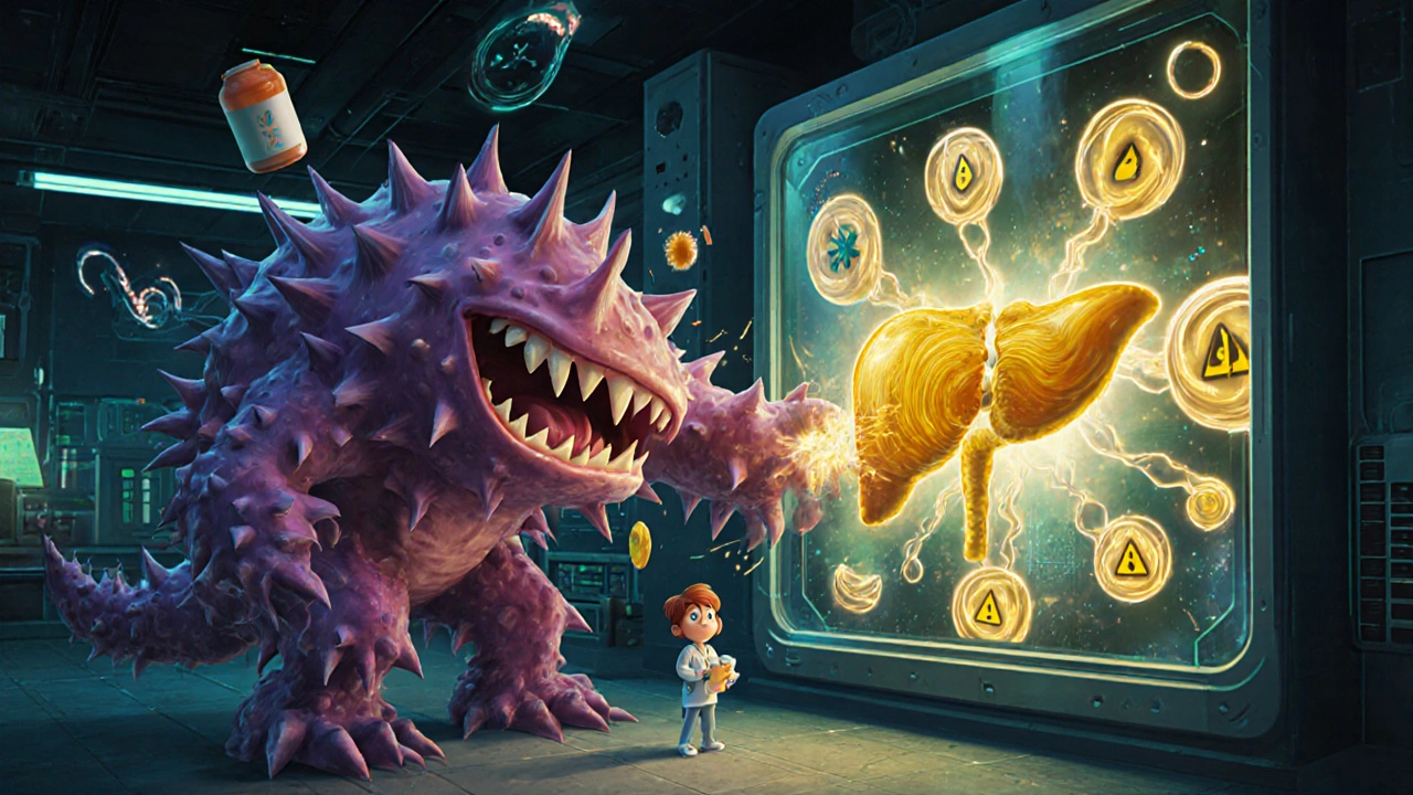 Stor molekylær kamp mellom skadelige stoffer og immunsystemet, med en pasient som ser på fra avstand.