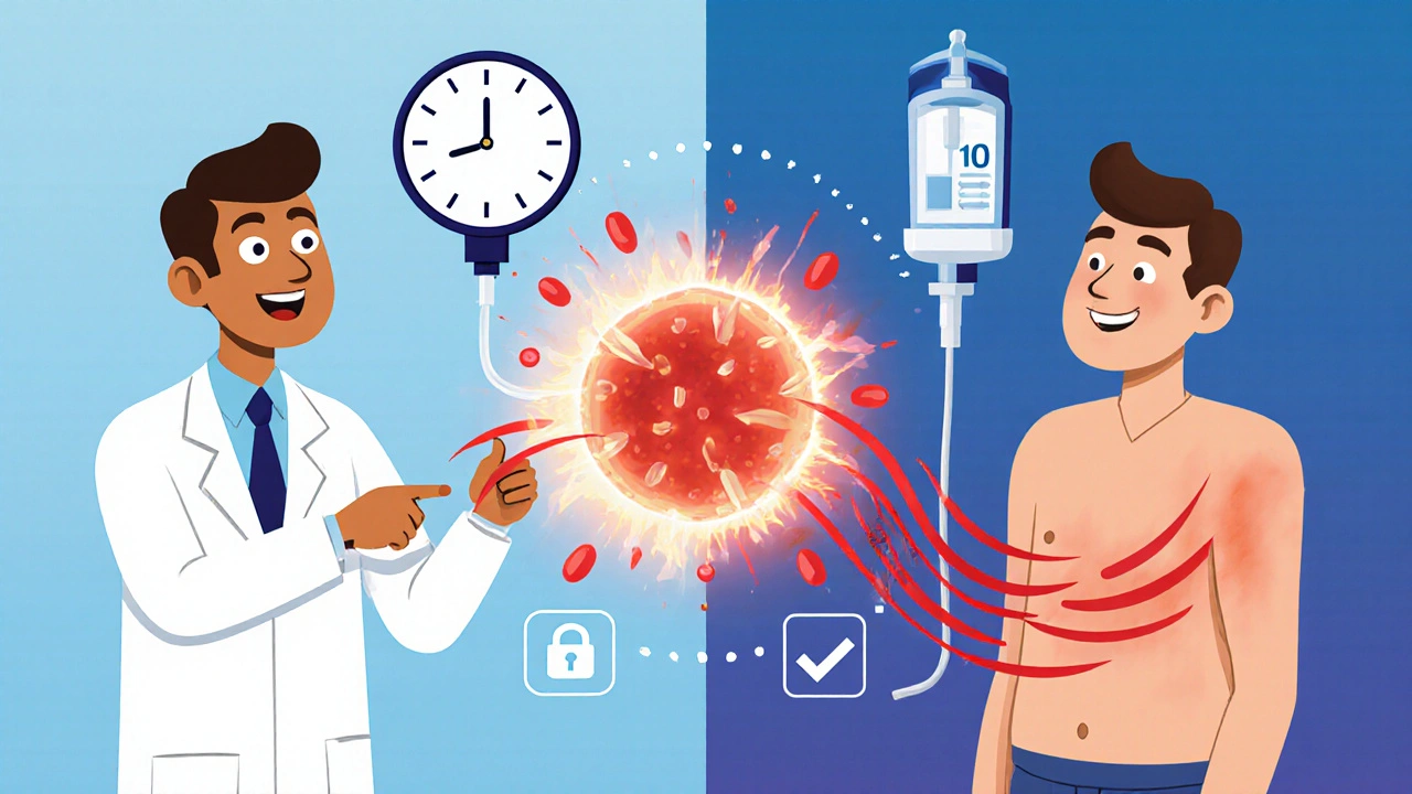 To scener: en pasient med rødhet fra rask infusjon mot en annen som er trygg med langsom infusjon, med visuelle symboler for sikker behandling.